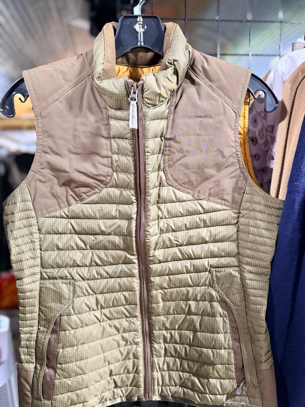 Eddie Bauer Quilted Olive and Light Brown/Tan Sleeveless Puffer Vest